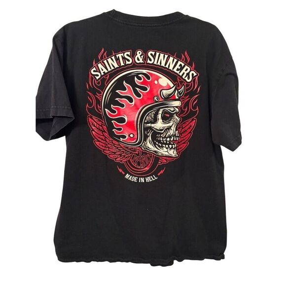 Red Devil Men's Black T-Shirt L Flaming Skull Biker Gothic Graphic Tee - Picture 1 of 7